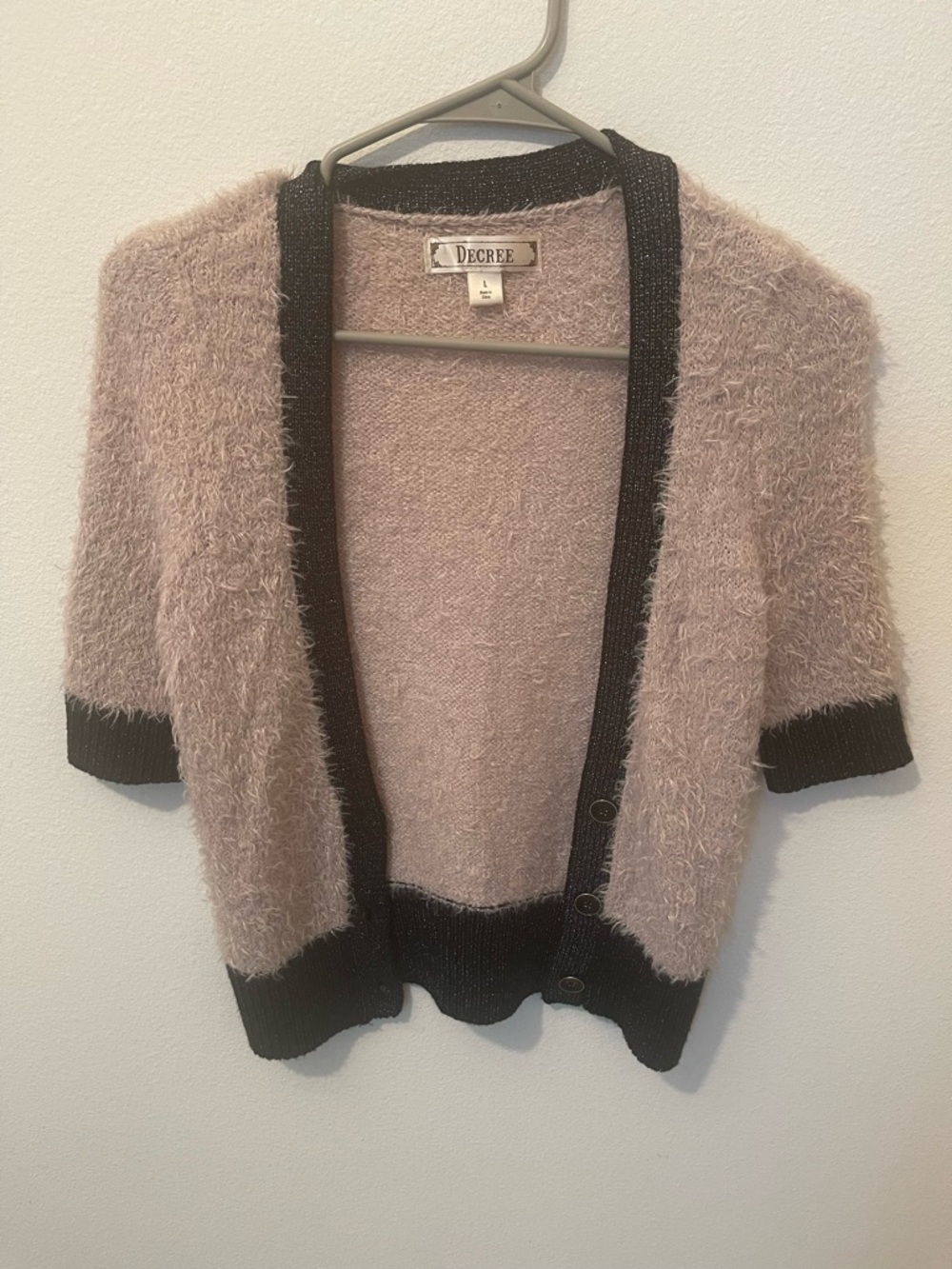 Decree Fuzzy Short-Sleeve Cardigan in Taupe with Black Trim